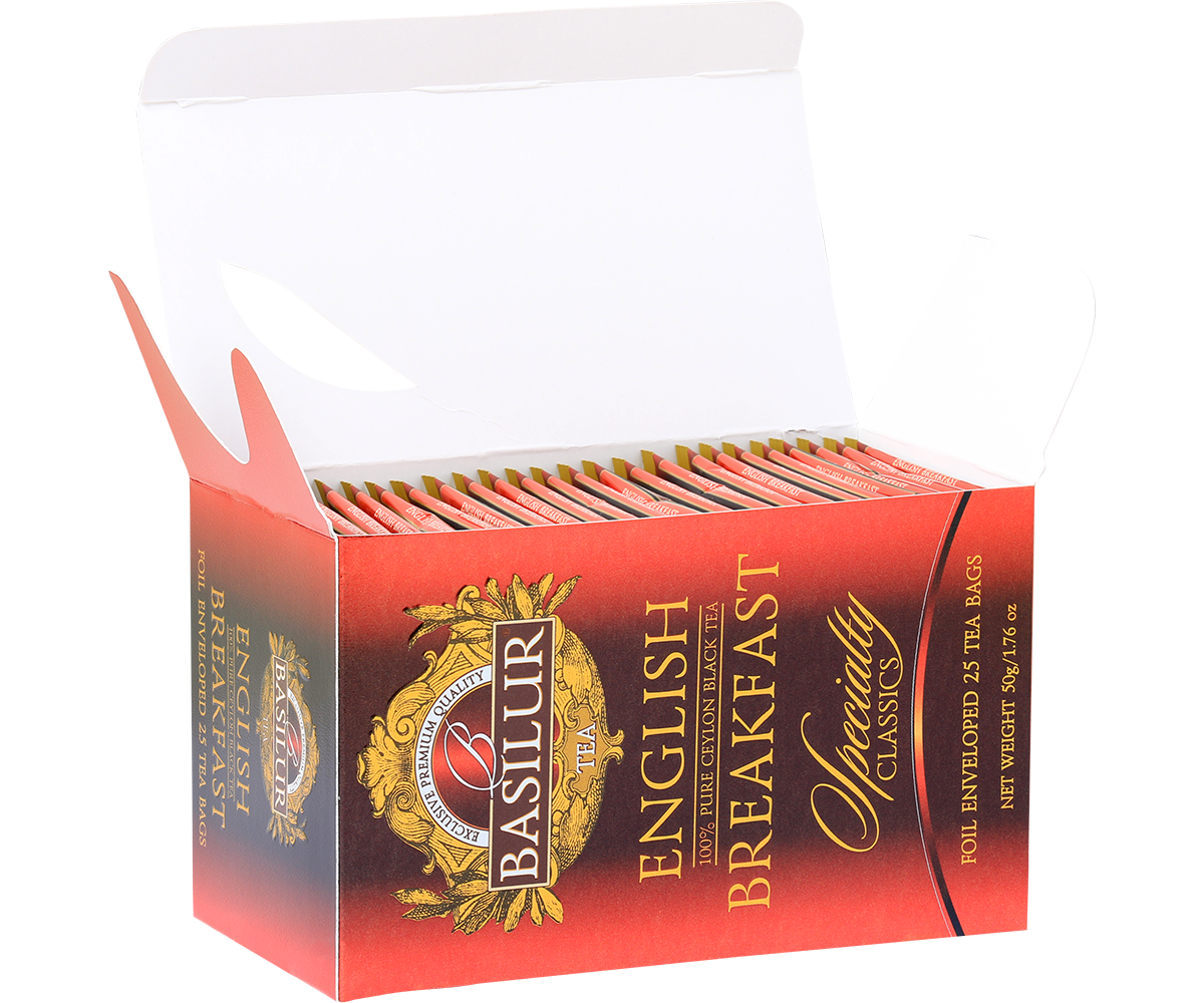 Otwarte opakowanie Basilur English Breakfast z kopertami z herbatą.