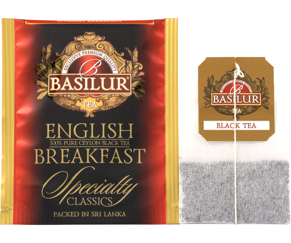 Torebka herbaty Basilur English Breakfast w kopercie foliowej i klasyczna saszetka.