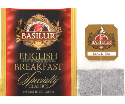 Torebka herbaty Basilur English Breakfast w kopercie foliowej i klasyczna saszetka.