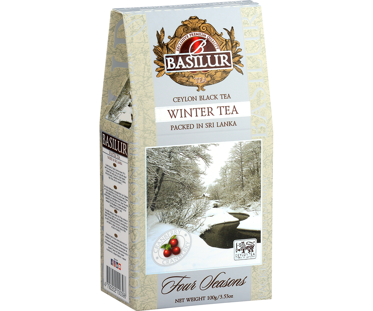 Opakowanie herbaty Basilur Winter Tea – bok z opisem i grafiką zimowego krajobrazu.