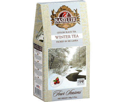 Opakowanie herbaty Basilur Winter Tea – bok z opisem i grafiką zimowego krajobrazu.