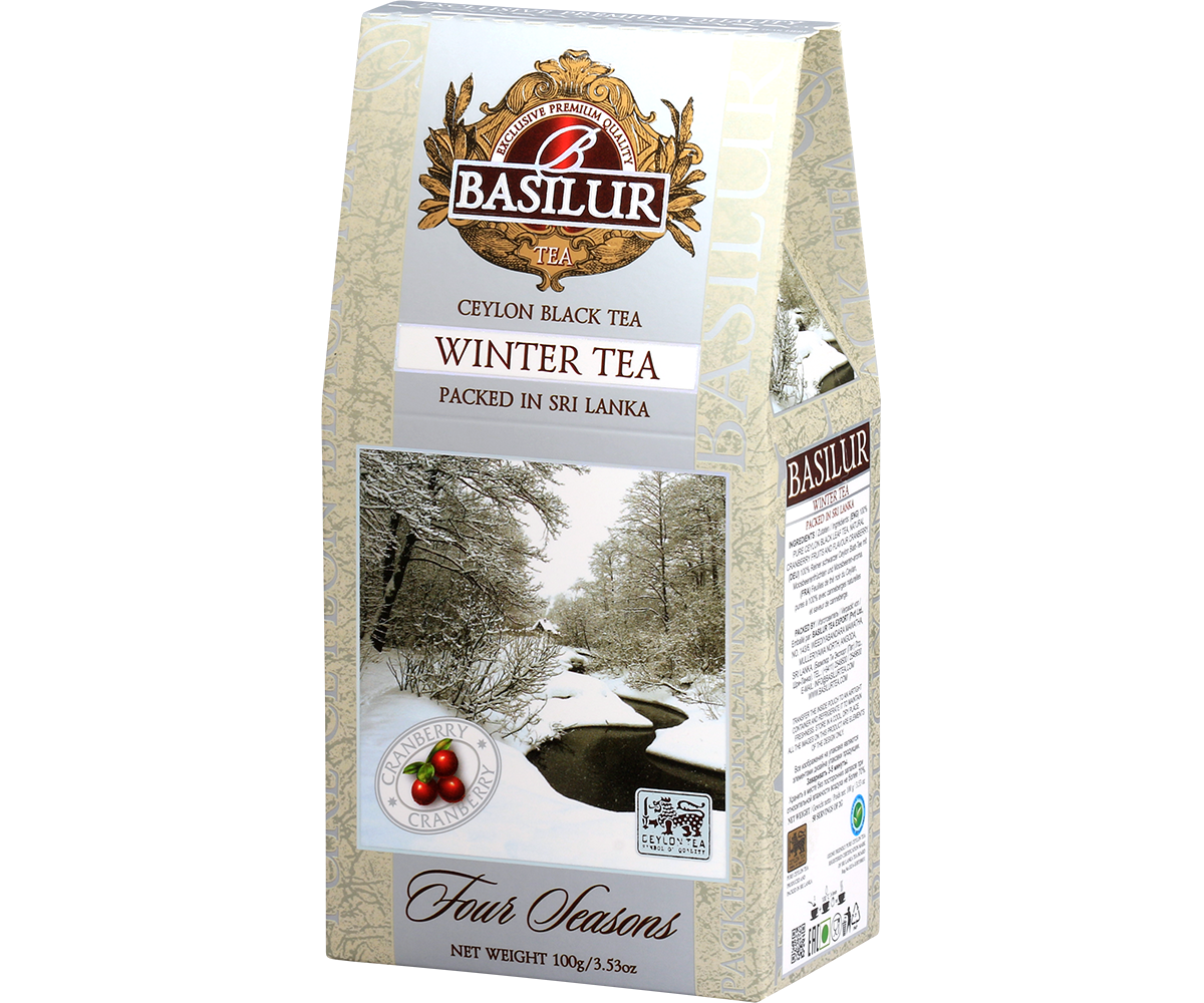 Herbata Basilur Winter Tea Four Seasons – opakowanie z motywem zimowego pejzażu.