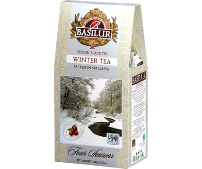Herbata Basilur Winter Tea Four Seasons – opakowanie z motywem zimowego pejzażu.