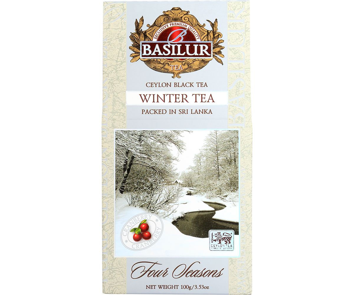 Czarna herbata Basilur Winter Tea w eleganckim zimowym opakowaniu – widok z przodu.