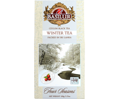 Czarna herbata Basilur Winter Tea w eleganckim zimowym opakowaniu – widok z przodu.