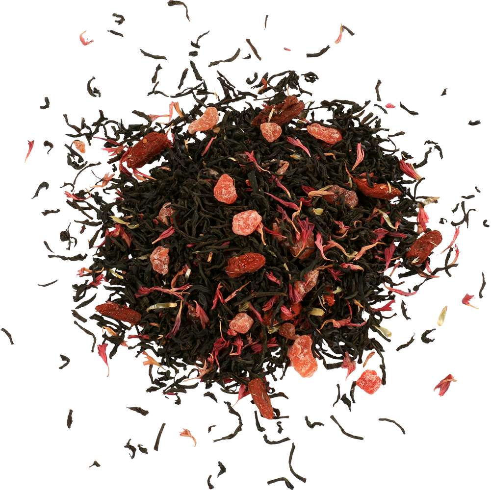 Susz herbaty Basilur Strawberry & Kiwi z kawałkami owoców i płatkami kwiatów.