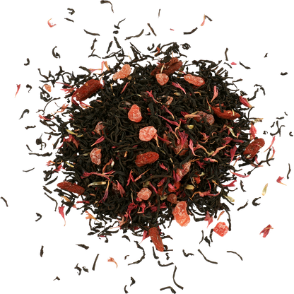 Susz herbaty Basilur Strawberry & Kiwi z kawałkami owoców i płatkami kwiatów.