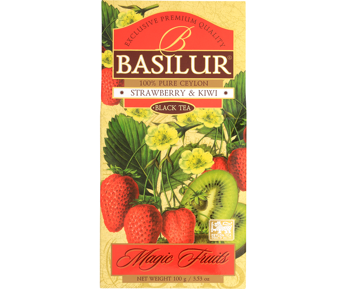 Przód opakowania Basilur Strawberry & Kiwi – czarna herbata z truskawką i kiwi.