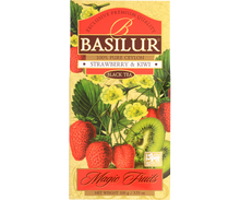 Przód opakowania Basilur Strawberry & Kiwi – czarna herbata z truskawką i kiwi.