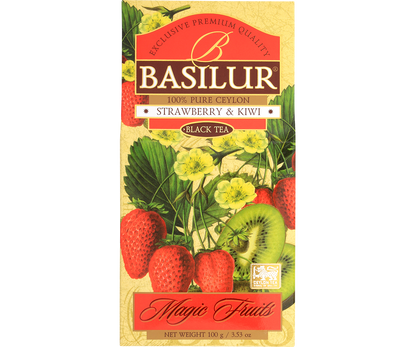 Przód opakowania Basilur Strawberry & Kiwi – czarna herbata z truskawką i kiwi.