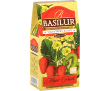 Bok pudełka Basilur Strawberry & Kiwi z ilustracjami truskawek i kiwi.