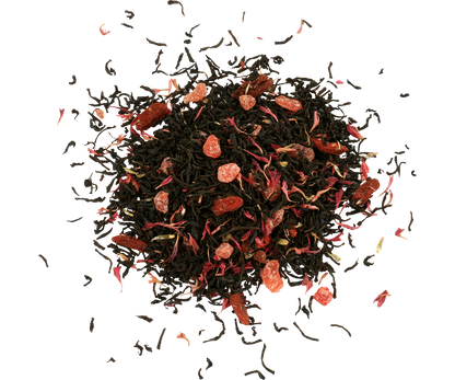 Susz herbaty Basilur Strawberry & Kiwi z kawałkami owoców i płatkami kwiatów.