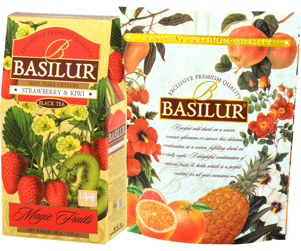 Zestaw herbaty Basilur Strawberry & Kiwi i Raspberry & Rosehip z owocowym tłem.
