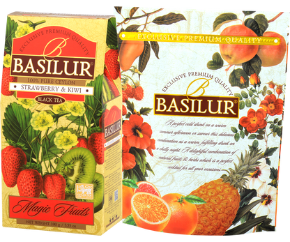Zestaw herbaty Basilur Strawberry & Kiwi i Raspberry & Rosehip z owocowym tłem.