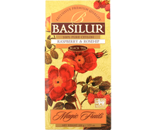 Przód opakowania Basilur Raspberry & Rosehip – czarna herbata z maliną i dziką różą.