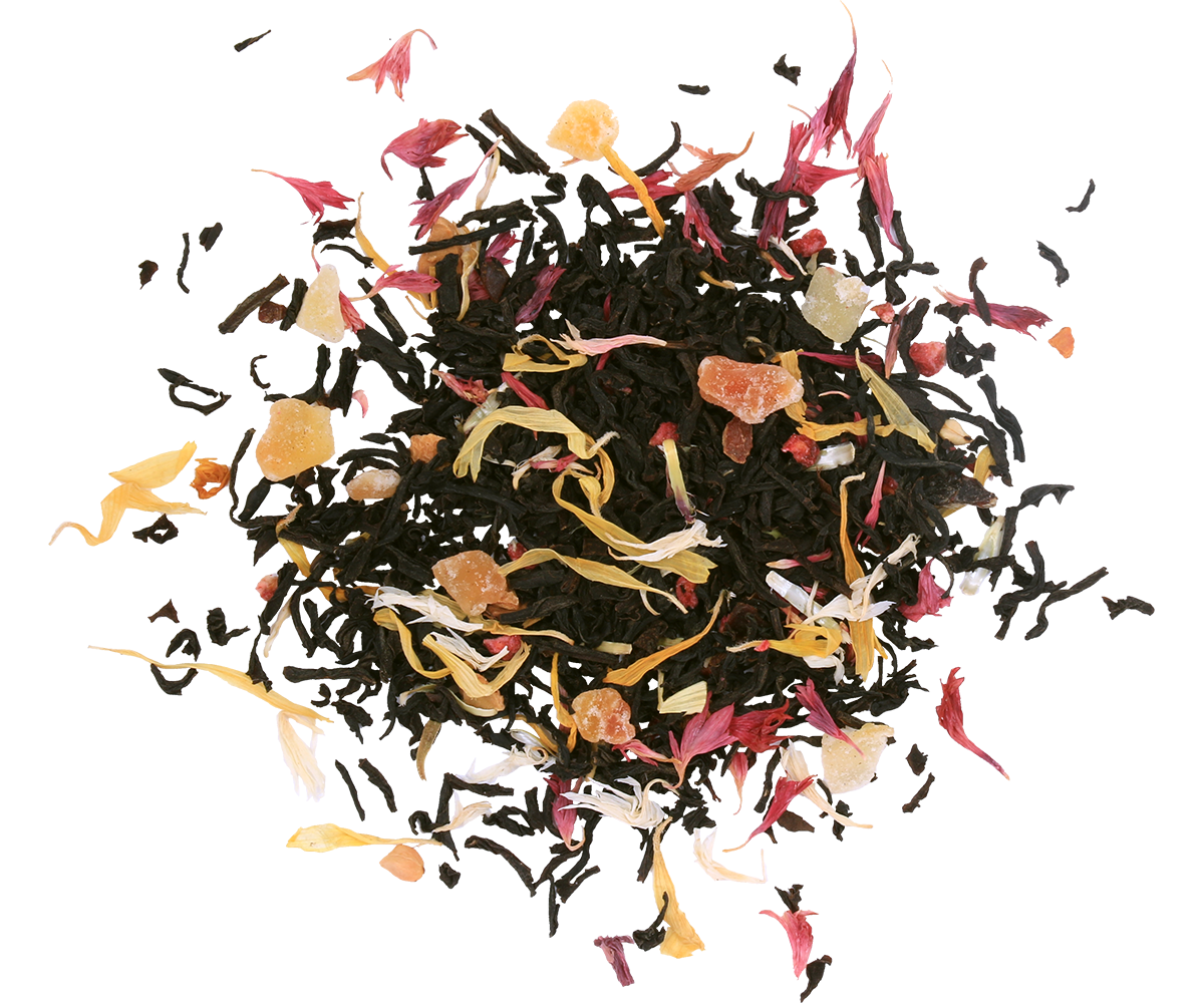 Susz herbaty Basilur Raspberry & Rosehip z kawałkami owoców i płatkami kwiatów.