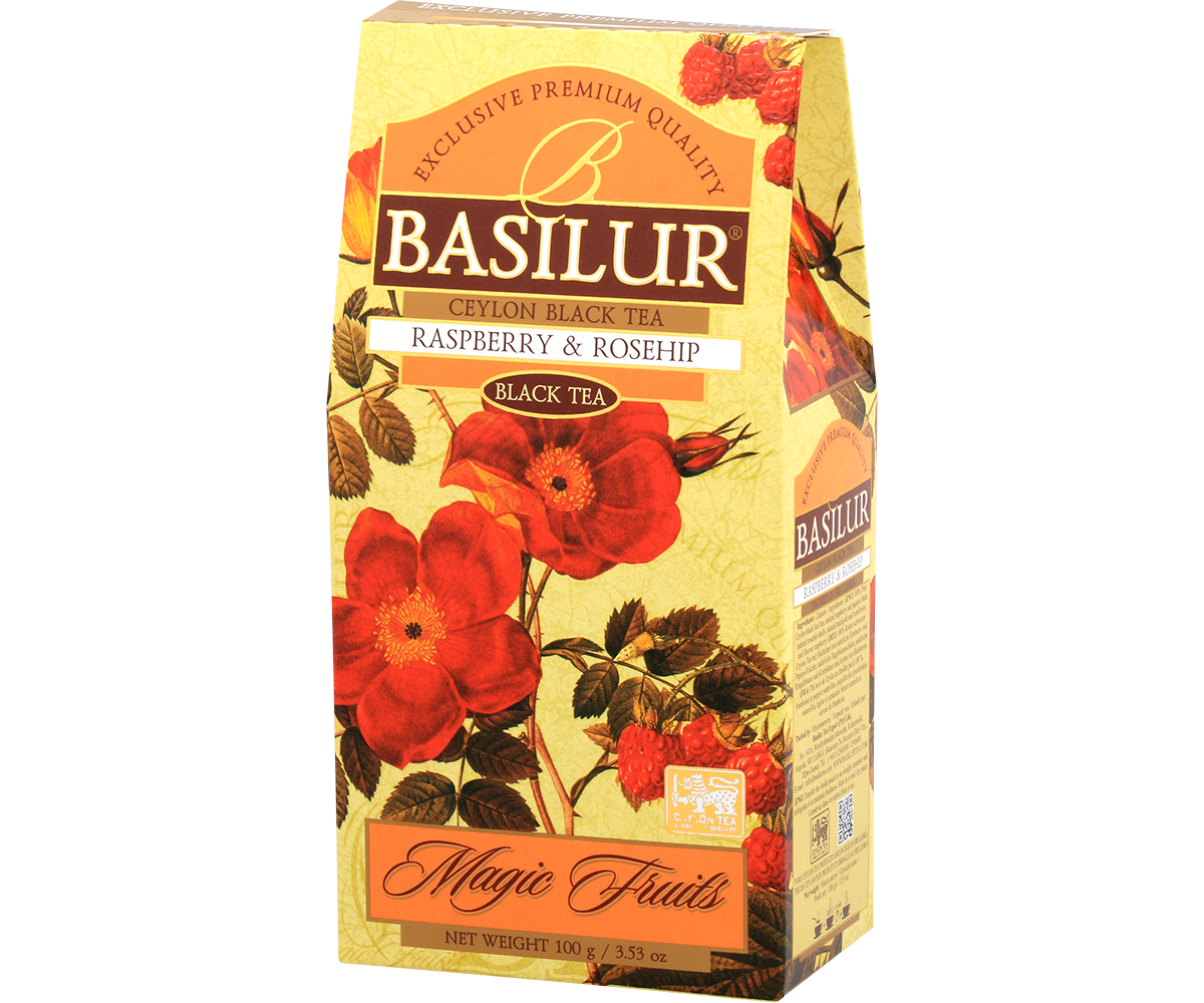 Opakowanie Basilur Raspberry & Rosehip z czerwonymi kwiatami i malinami.