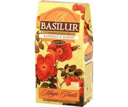 Opakowanie Basilur Raspberry & Rosehip z czerwonymi kwiatami i malinami.
