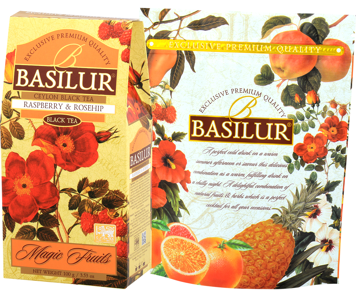 Zestaw herbaty Basilur Raspberry & Rosehip z owocami i kwiatami na opakowaniu.