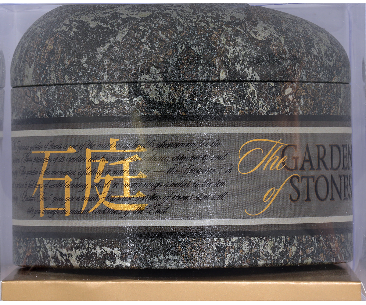 Detal opakowania herbaty Basilur Ceylon z napisem The Garden of Stones.