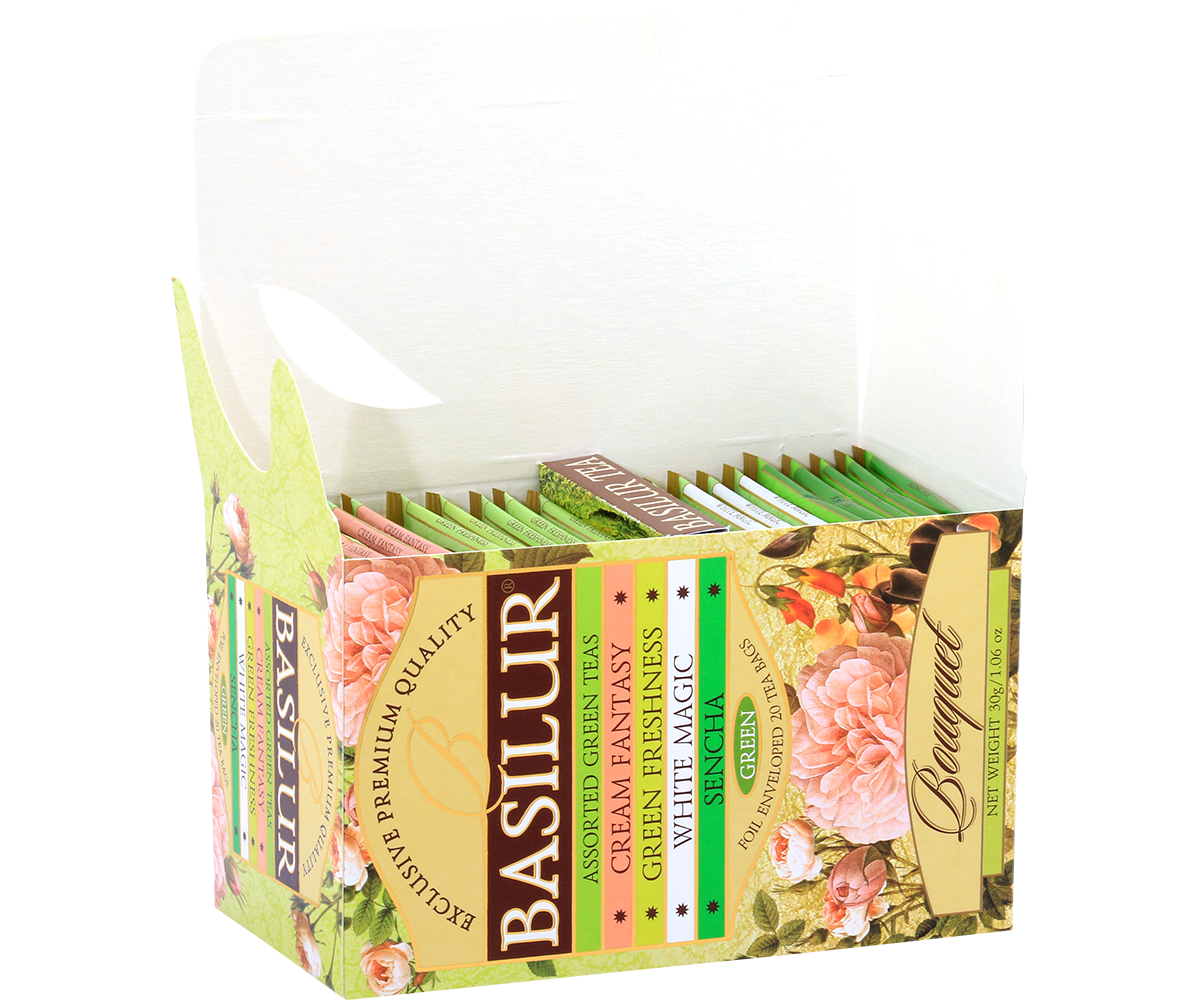Otwarte pudełko Basilur Green Bouquet z widocznymi kolorowymi saszetkami zielonej herbaty.