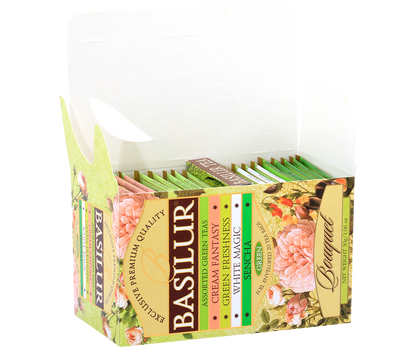 Otwarte pudełko Basilur Green Bouquet z widocznymi kolorowymi saszetkami zielonej herbaty.