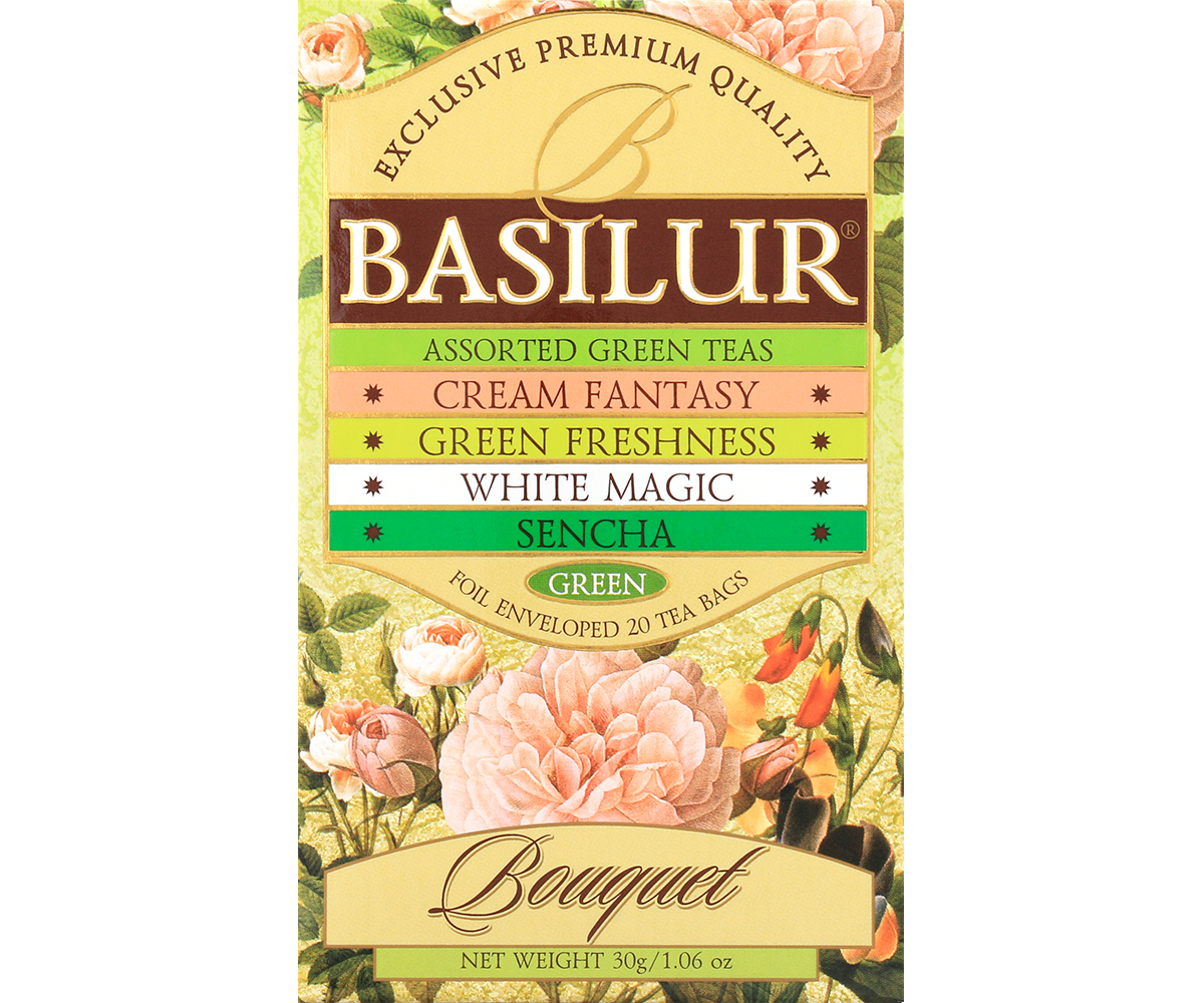 Przód pudełka zielonej herbaty Basilur Green Bouquet z kwiatową grafiką.
