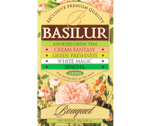 Przód pudełka zielonej herbaty Basilur Green Bouquet z kwiatową grafiką.