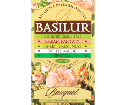 Przód pudełka zielonej herbaty Basilur Green Bouquet z kwiatową grafiką.