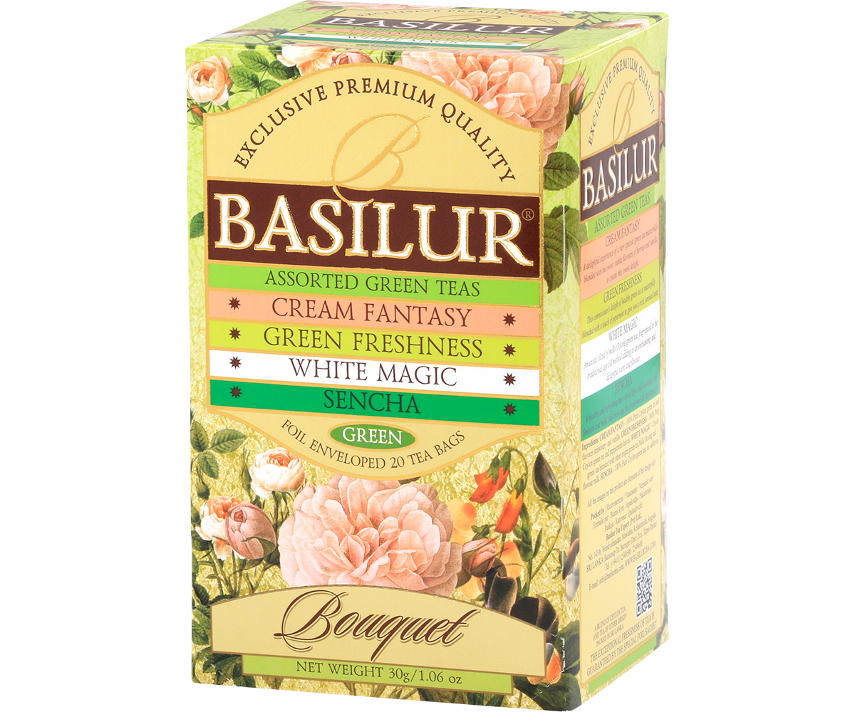 Opakowanie Basilur Green Bouquet z mieszankami zielonych herbat Cream Fantasy, Green Freshness, White Magic i Sencha.