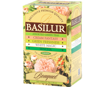 Opakowanie Basilur Green Bouquet z mieszankami zielonych herbat Cream Fantasy, Green Freshness, White Magic i Sencha.