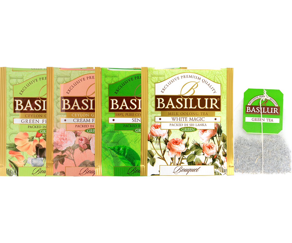 Saszetki i torebka herbaty Basilur Green Bouquet w różnych smakach z serii Bouquet.
