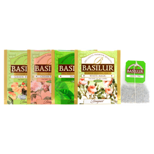 Saszetki i torebka herbaty Basilur Green Bouquet w różnych smakach z serii Bouquet.