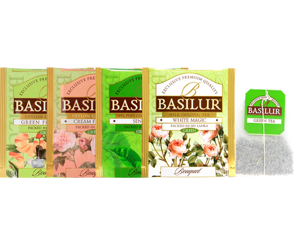 Saszetki i torebka herbaty Basilur Green Bouquet w różnych smakach z serii Bouquet.
