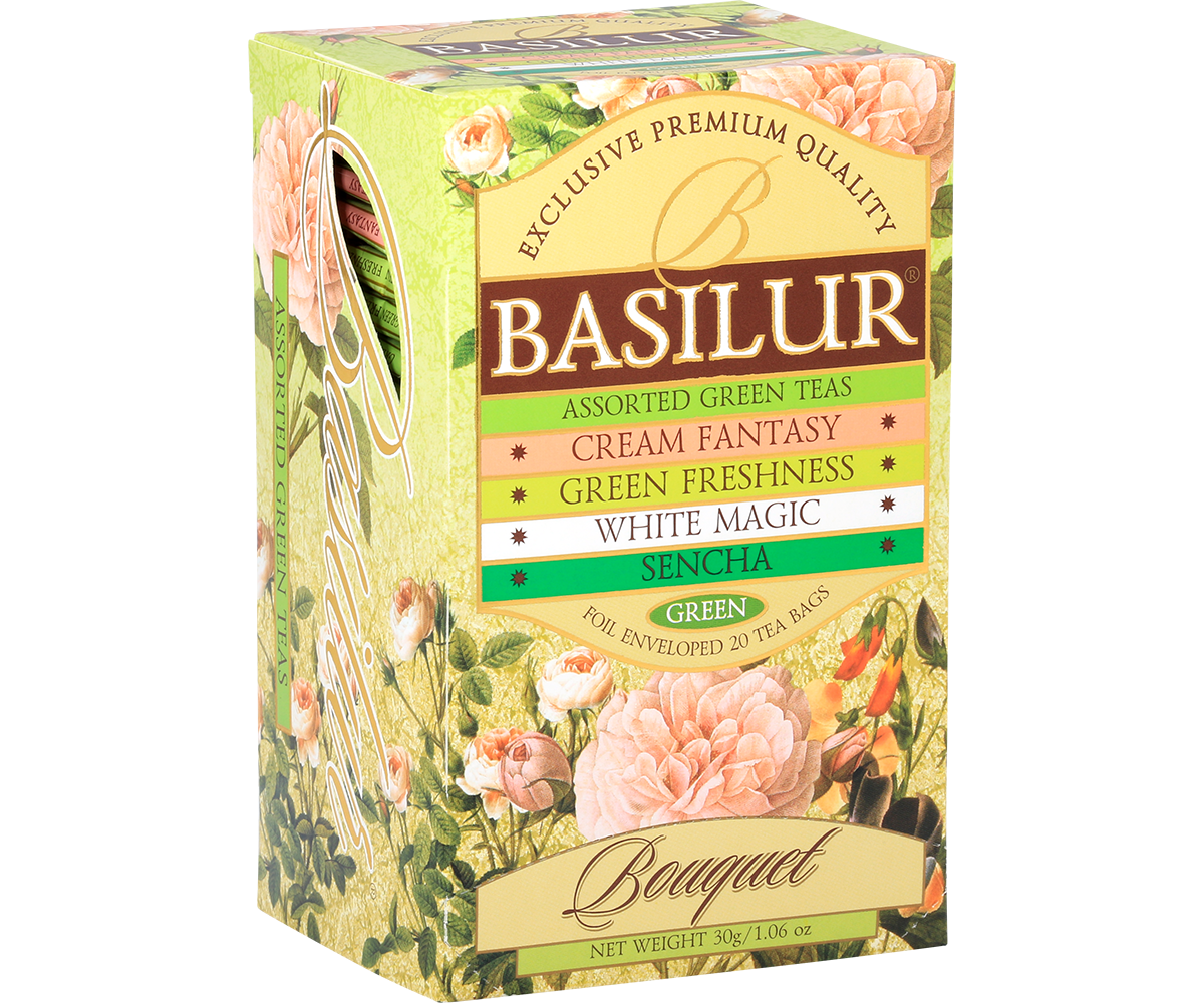 Zestaw zielonych herbat Basilur Green Bouquet w eleganckim kwiatowym pudełku.