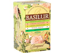 Zestaw zielonych herbat Basilur Green Bouquet w eleganckim kwiatowym pudełku.