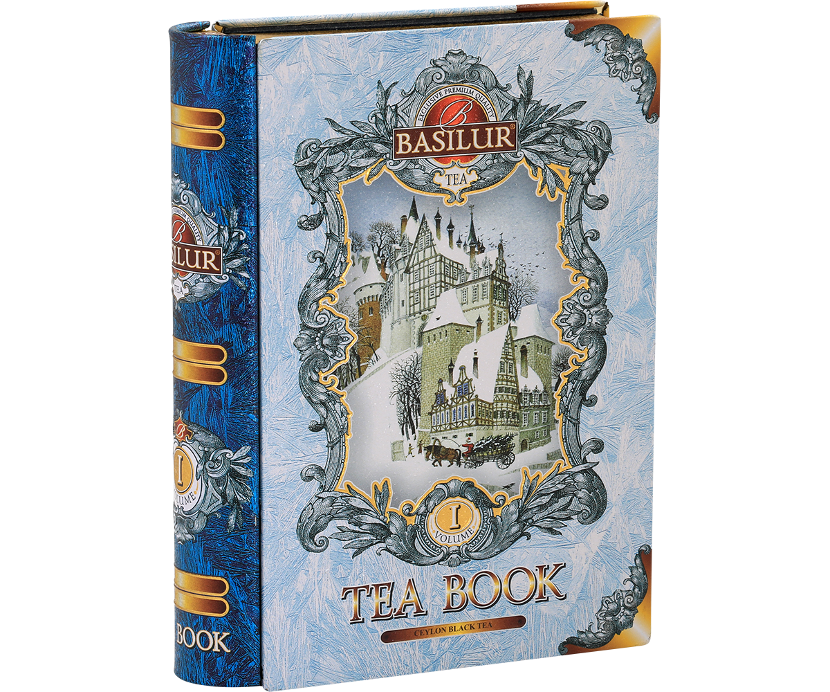 Opakowanie Basilur Tea Book vol. I – bok z detalami w niebiesko-srebrnej stylistyce.