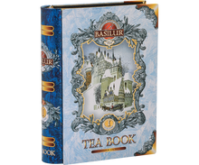Opakowanie Basilur Tea Book vol. I – bok z detalami w niebiesko-srebrnej stylistyce.