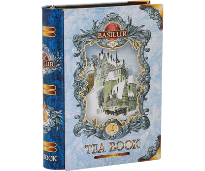 Opakowanie Basilur Tea Book vol. I – bok z detalami w niebiesko-srebrnej stylistyce.