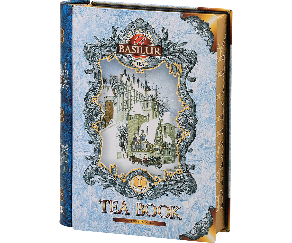 Puszka Basilur Tea Book vol. I – bok z logo marki i zimowym motywem.