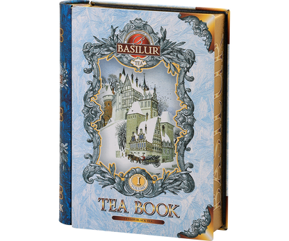 Puszka Basilur Tea Book vol. I – bok z logo marki i zimowym motywem.