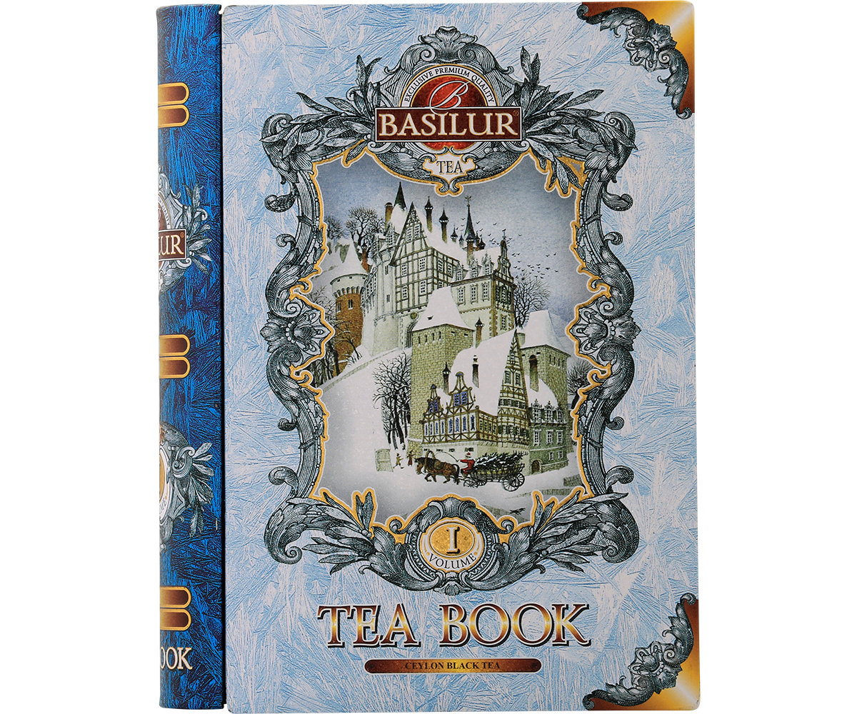 Herbata Basilur Tea Book vol. I w ozdobnej puszce w formie książki – widok z przodu.
