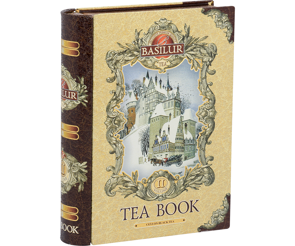 Opakowanie Basilur Tea Book vol. II – bok z eleganckim brązowo-złotym wykończeniem.