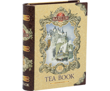 Opakowanie Basilur Tea Book vol. II – bok z eleganckim brązowo-złotym wykończeniem.