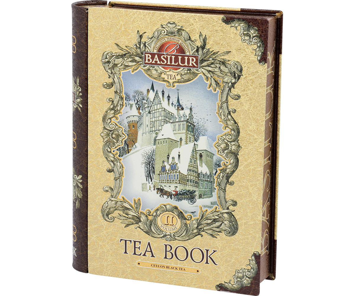 Puszka Basilur Tea Book vol. II – bok z logo marki i motywem zimowego zamku.