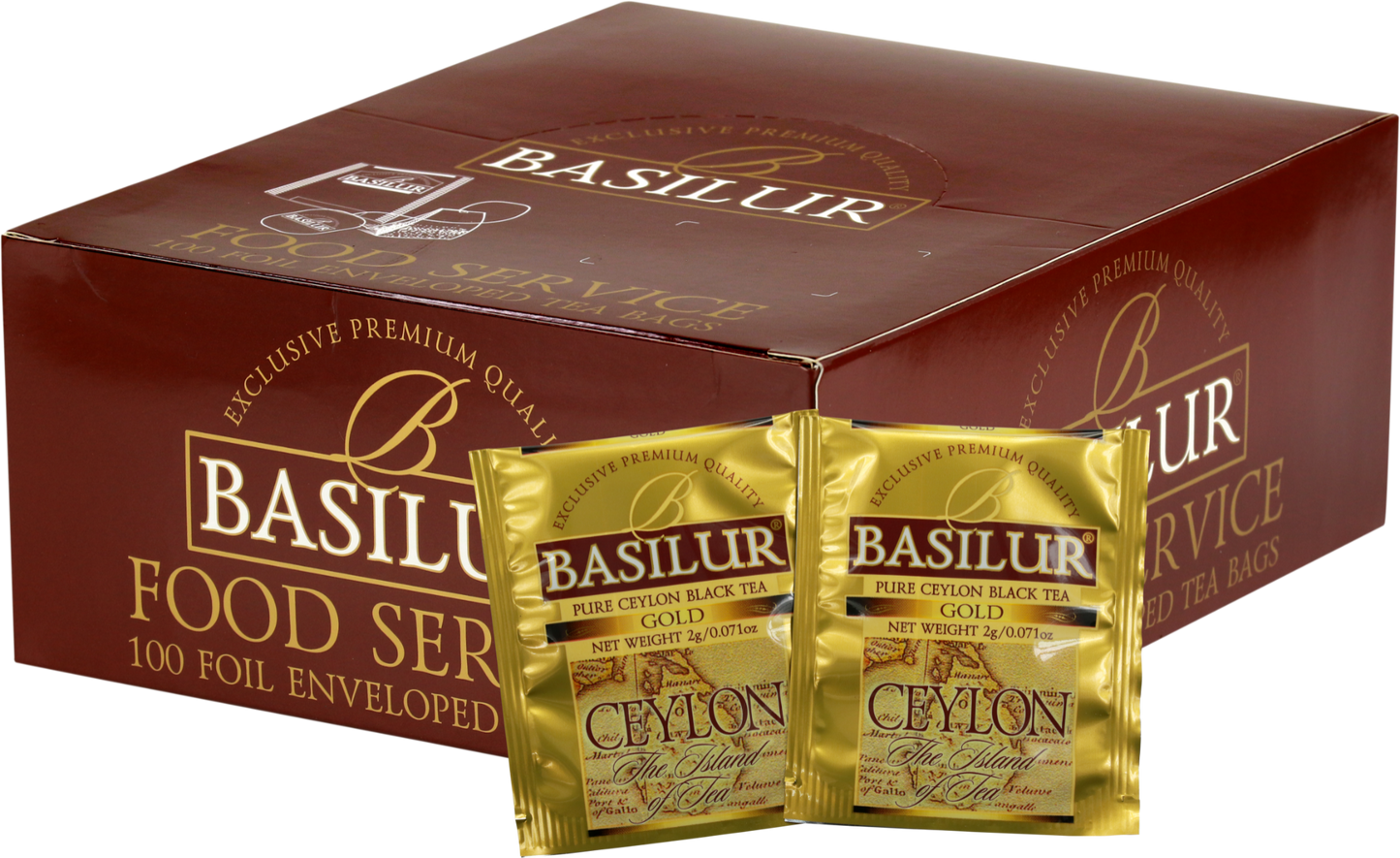 Opakowanie herbaty Basilur Gold z widocznymi saszetkami czarnej herbaty cejlońskiej w złotych kopertach.