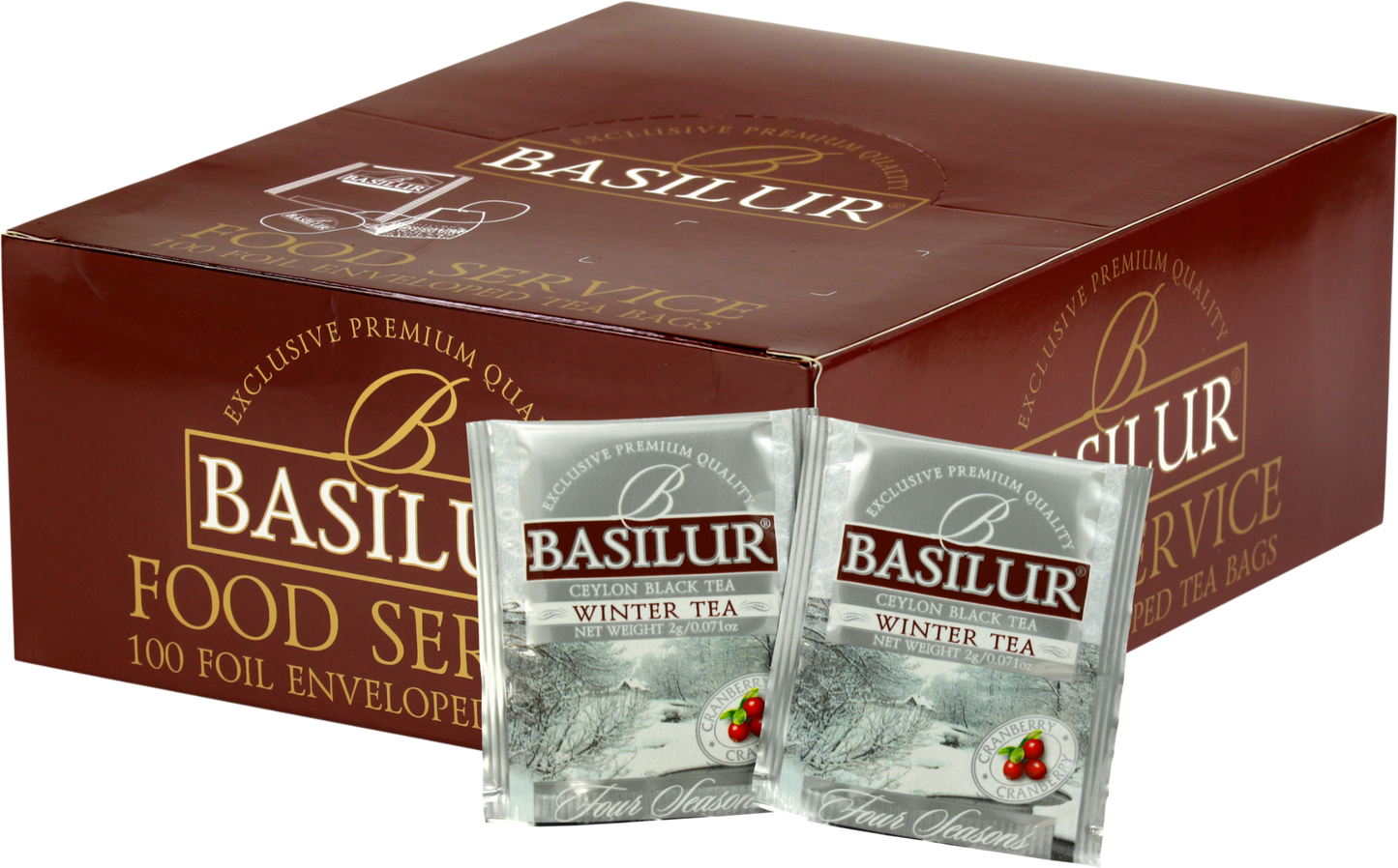 Opakowanie zbiorcze herbaty Basilur Winter Tea 100 x 2 g z torebkami w kopertach, czarna herbata z żurawiną z serii Four Seasons.