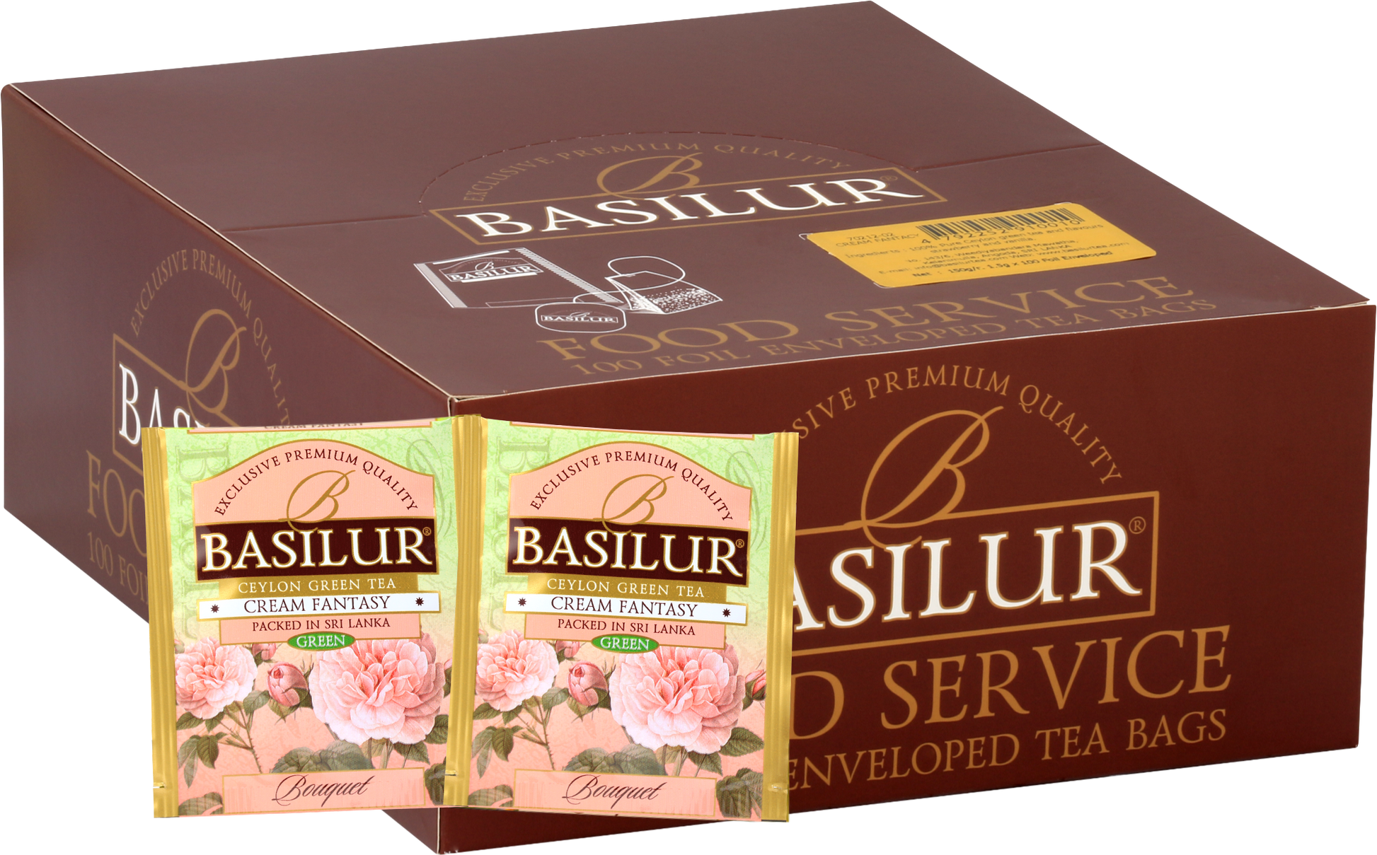 Opakowanie herbaty Basilur Cream Fantasy z widocznymi saszetkami zielonej herbaty cejlońskiej o kremowym aromacie.