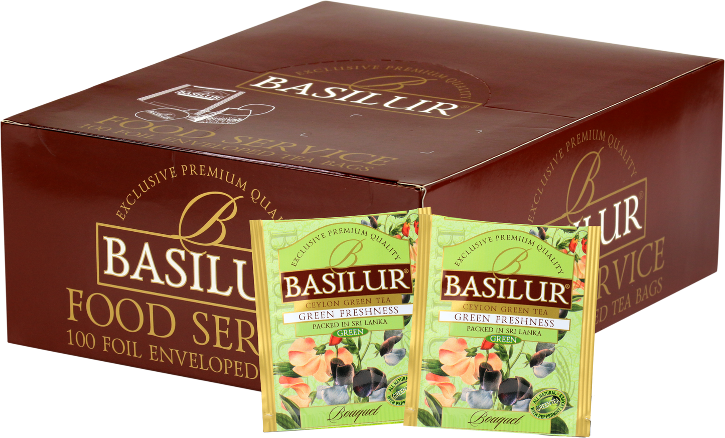 Opakowanie herbaty Basilur Green Freshness z widocznymi saszetkami zielonej herbaty z miętą pieprzową.