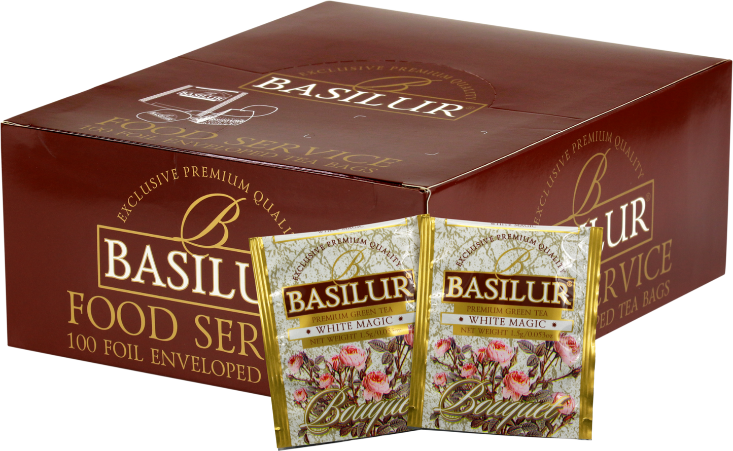 Opakowanie herbaty Basilur White Magic z widocznymi saszetkami zielonej herbaty cejlońskiej o kwiatowym aromacie.